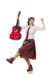 Woman in scottish clothing with guitar