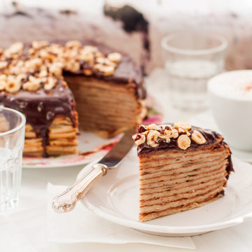 A Slice of Chocolate, Hazelnut and Cottage Cheese Crepe Cake