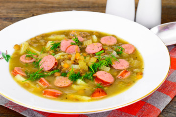 Healthy and Diet Food: Soup with Lentils and Sausage.
