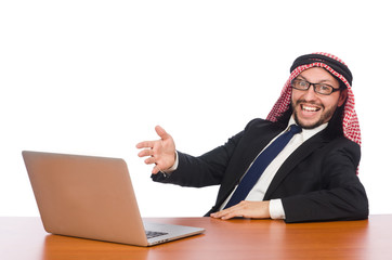 Arab businessman with computer on white