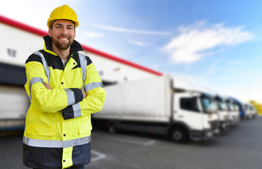 Arbeiter in der Logistbranche vor einer Warendepot mit LKW´s // workers in the logistics industry...