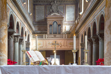 Altar with chalice and Missal during a traditional old latin rite Mass - obrazy, fototapety, plakaty