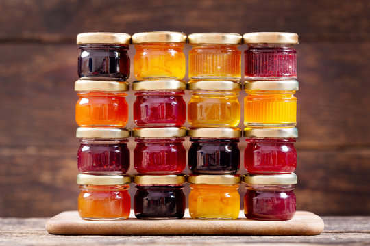 various jars of fruit jam