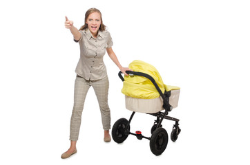 Woman with pram isolated on white