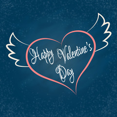 Fototapeta na wymiar Happy Valentine's Day. Romantic navy, grunge, chalkboard background with coral heart and white text. Lettering.