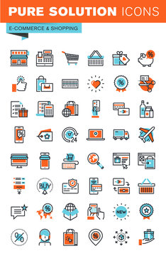Thin line web icons for e-commerce, m-commerce, online shopping and payment, for websites and mobile websites and apps.