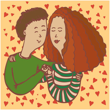 Colored cute image of hugging couple isolated on yellow background decorated with red tiny hearts. Specially for Valentine Day and National Hugging Day. Other purposes.