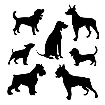 seven vector silhouettes of dogs