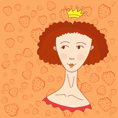 Vector colored image of a beautiful ginger crowned girl isolated on strawberry monochrome background. Children production, illustration for many purposes.