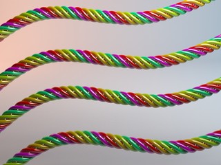 twisted multicolored plastic cables 3d render with reflection inside a white stage