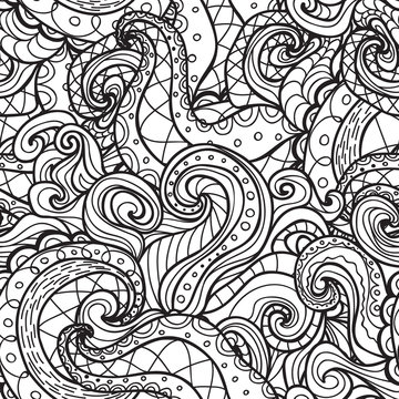 Vector doodle seamless pattern. Coloring book for adult and children.Coloring page. Outline abstract wavy drawing.