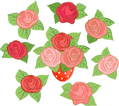 Vector set of roses in cartoon style.