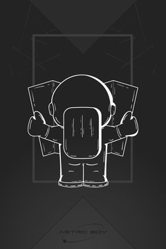 Hand drawn cartoon astronaut in spacesuit back view. Line art cosmic vector illustration astronaut look at the map, looking for something. Concept space travel, spaceflight, navigation on terrain.