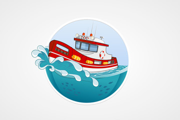 Moving rescue boat. Deep sea with wave. Round vector computer icons for applications or games. Logo and emblem template. Handdrawn Illustration.