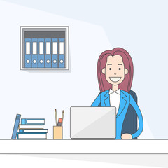 Business Woman Sitting at Desk in Office Working Laptop Computer 