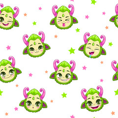 Fototapeta premium Seamless pattern with cute green monster faces