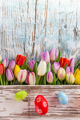 Colorful tulips on wooden table.