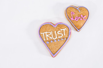 Heart shaped gingerbread. Gray/white background. Valentines day symbol