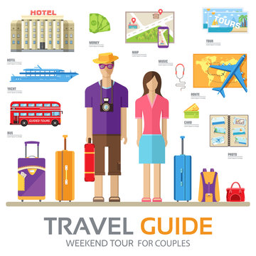 Travel guide infographic with vacation tour locations and items. Tourism with fast travel of the world on a flat design style. Vector illustration concept icons set