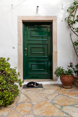 Cat sleeping in front of the closed door in greek countryside