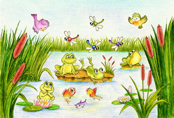 Frogs, dragonflies, birds, and fish in the pond - 101671227