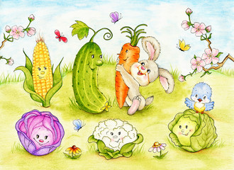 Funny Garden, Letter C words, corn, cucumber, cabbage, carrot - 101672873
