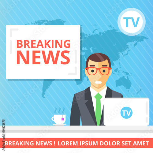 "Breaking news flat illustration concept. Newscaster in ...