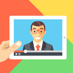 Online conference, online tutorials, webinar, watching video flat illustration