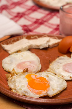 Served fried eggs on the plate