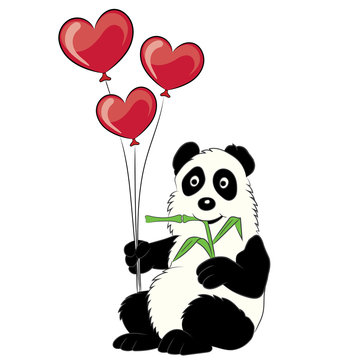 Panda illustration with a branch of a bamboo and balloons in the form of hearts. The image for the children's book. Valentine Card, Valentine Label. Vector illustration EPS 8 