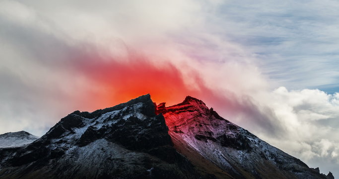 Icelandic volcano with magma glow