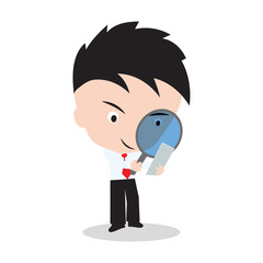 Businessman looking through a magnifying glass for searching on white backgrond, vector illustration in flat design