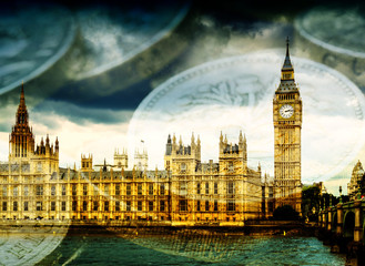 Fototapeta na wymiar Big Ben and Houses of Parliament with Money