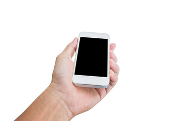 Hand holding mobile phone isolated on white background; clipping