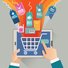 vector illustration concept for on line store. Digital marketing. Buy on line. Mobile payment