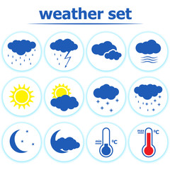 Vector set of weather icons. Sun, clouds and moon