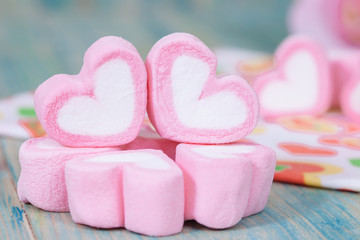 Valentine candies on color wood.selective focus.