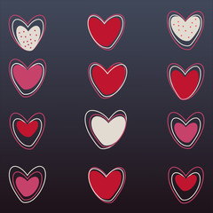  Vector hearts set on black background. Line hearts, different colors. Seamless pattern