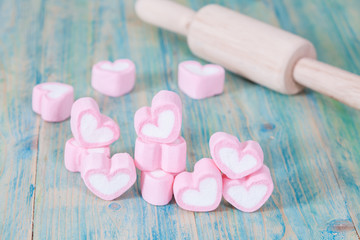 heart shaped candies on background,selective focus.