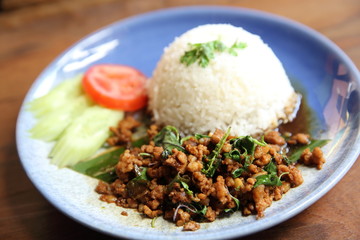 Thai local food rice with pork and basil