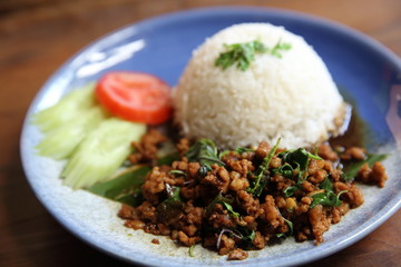 Thai local food rice with pork and basil