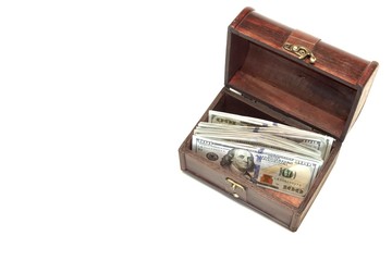 Vintage Opened Wood Box With Dollar Cash Isolated On White