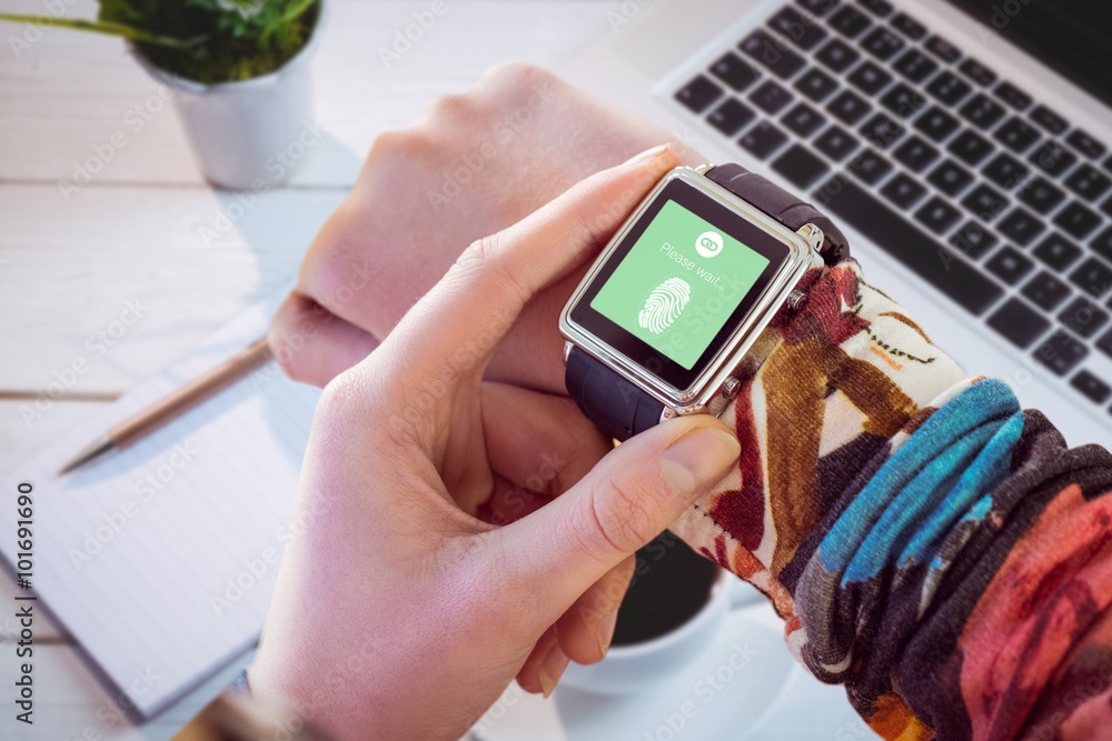 Poster composite image of hand using smart watch