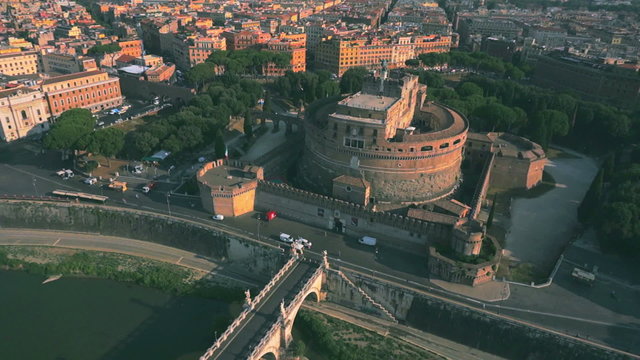 Aerial Roman architecture and Castel Sant angelo fortress and bridge view in Rome, Italy.
