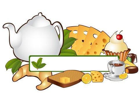 tea banner with sweet cake tee elements