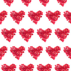 Seamless pattern of hearts of cranberry on a white background