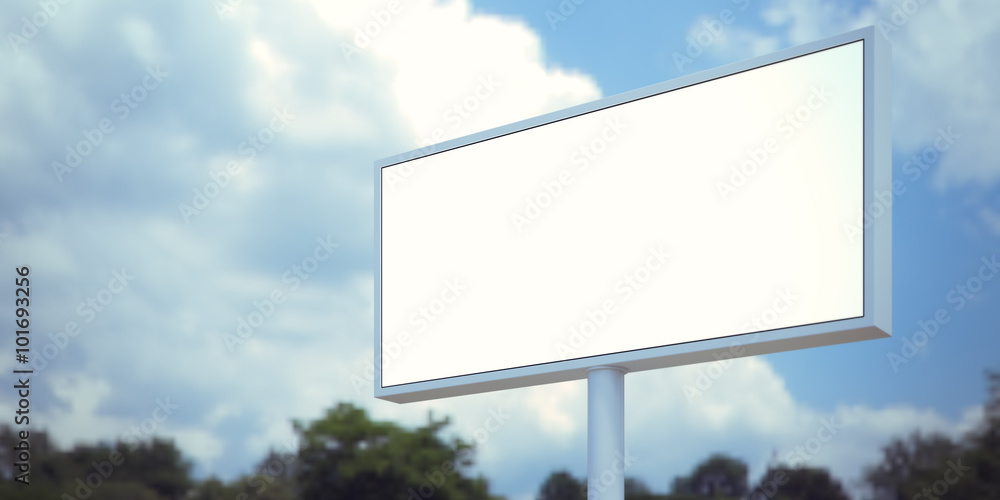 Wall mural blank billboard sign in forest and blue sky. wide, blurred background. 3d render