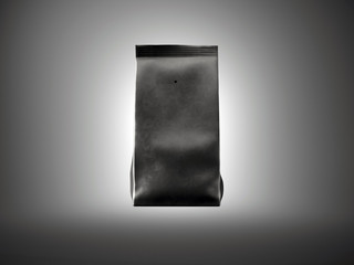 Black paper package for bulk products, coffee, nuts. Dark background. Horizontal front view. 3d render
