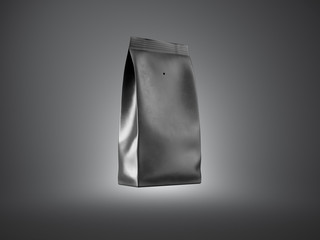 Black paper package for bulk products, coffee,tea. Dark background. Horizontal front view. 3d render