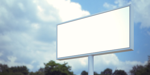 Blank billboard sign in forest and blue sky. Wide, blurred background. 3d render